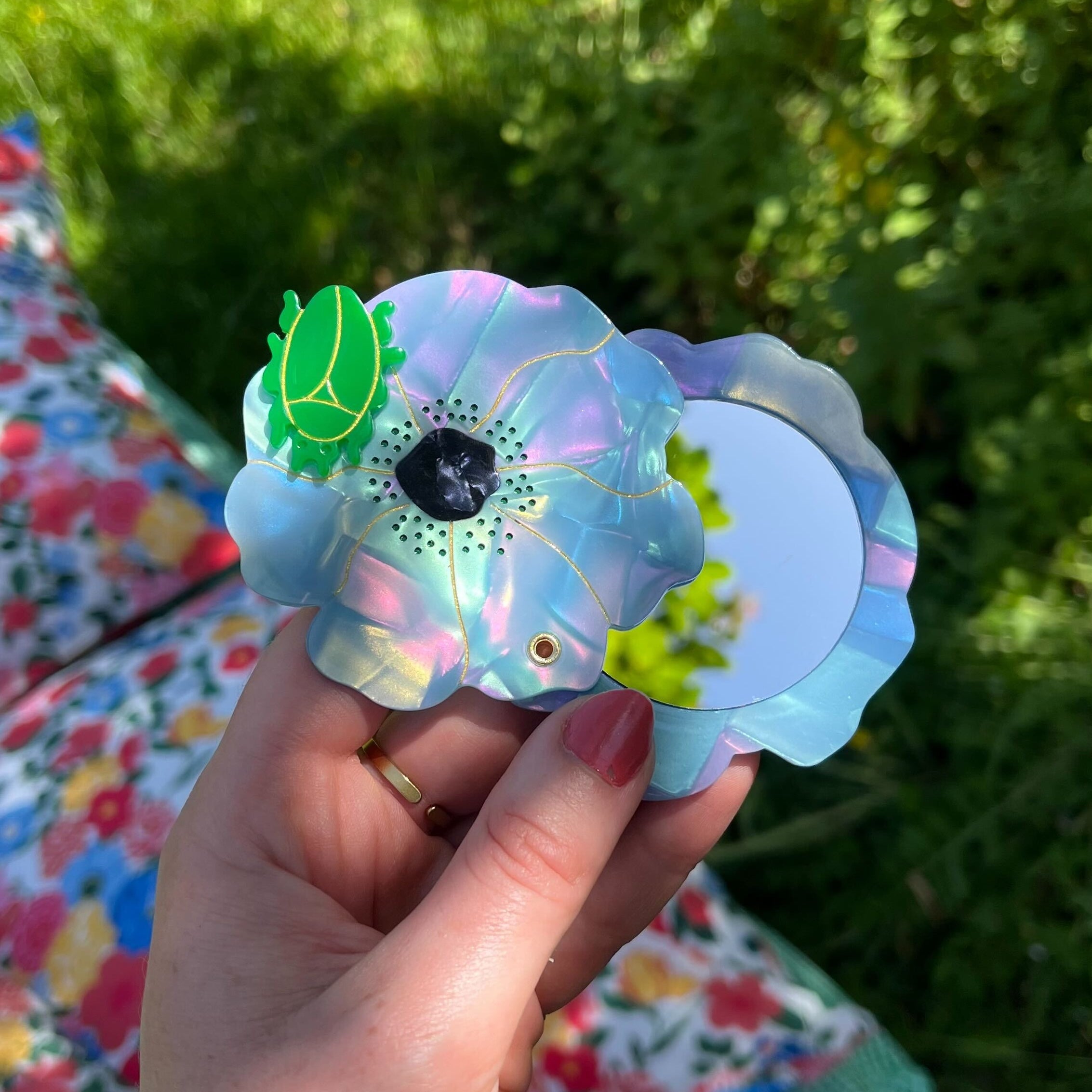 Blue Flower Pocket Mirror with Beetle – Compact Mirror | Coucou