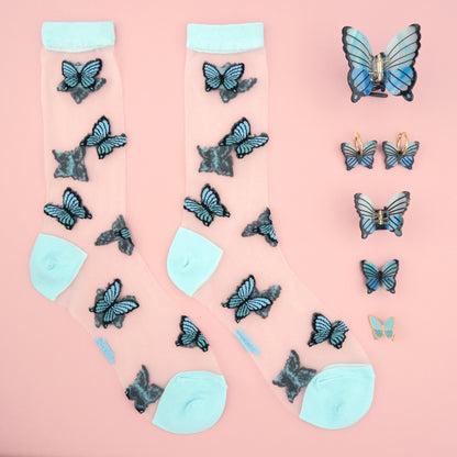 Blue Butterfly Sheer Socks