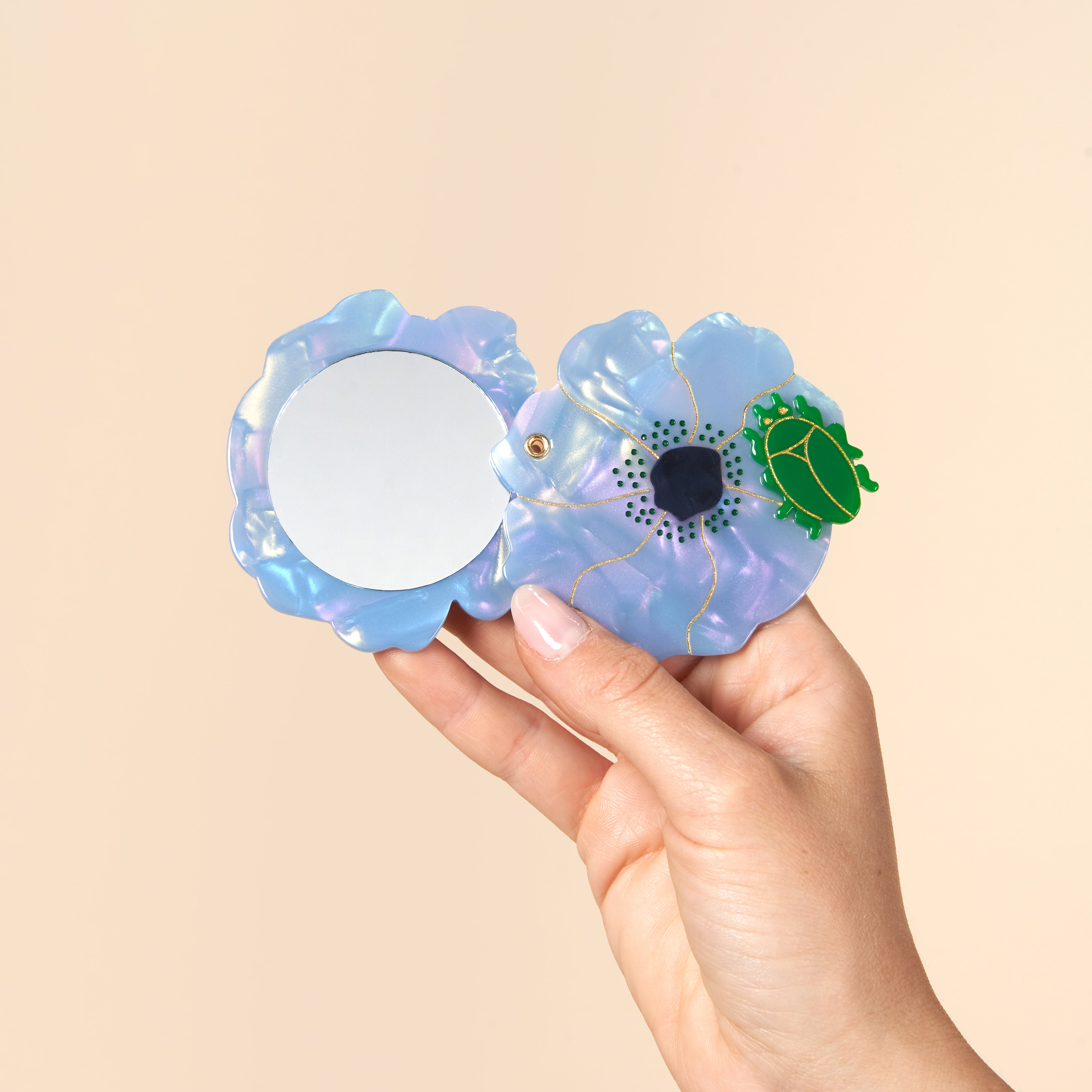 Blue Flower Pocket Mirror with Beetle – Compact Mirror | Coucou